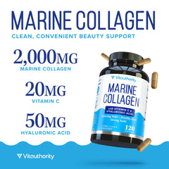 Vitauthority Marine Collagen label highlights Vitamin C and Hyaluronic Acid for hydration.