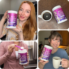 Vitauthority multi collagen powder texture closeup demonstrates smooth, clump free dissolving