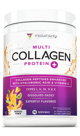 Vitauthority Multi Collagen bottle showcases tropical punch formula for hair, skin, and nails support