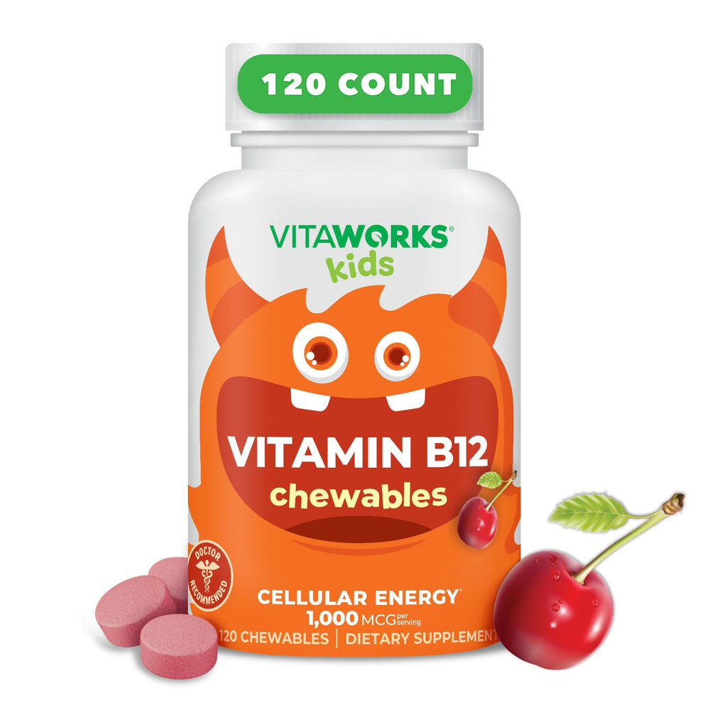VitaWorks Kids B12 cherry chewables bottle front view for easy energy support.