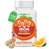 VitaWorks Kids Iron bottle front with orange-flavored chewables for daily supplementation