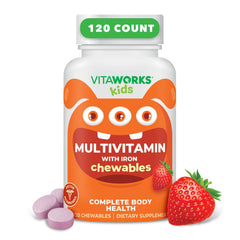 VitaWorks Kids Multivitamin bottle with mixed fruit chewables for daily nutrition