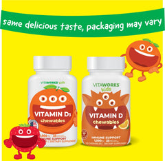VitaWorks Kids Vitamin D chewable tablets close-up with kid-friendly orange flavor
