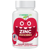 VitaWorks Kids Zinc 15 mg, tabletas masticables sabor cereza para apoyo diario.