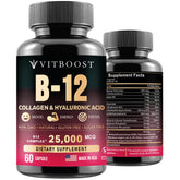 VITBOOST B12 bottle with hyaluronic acid illustration suggests skin and joint support.