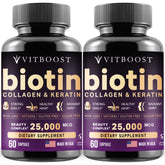 Vitboost biotin with hyaluronic acid bottle highlights hair and skin support.