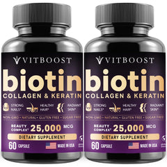 Vitboost biotin with hyaluronic acid bottle highlights hair and skin support.