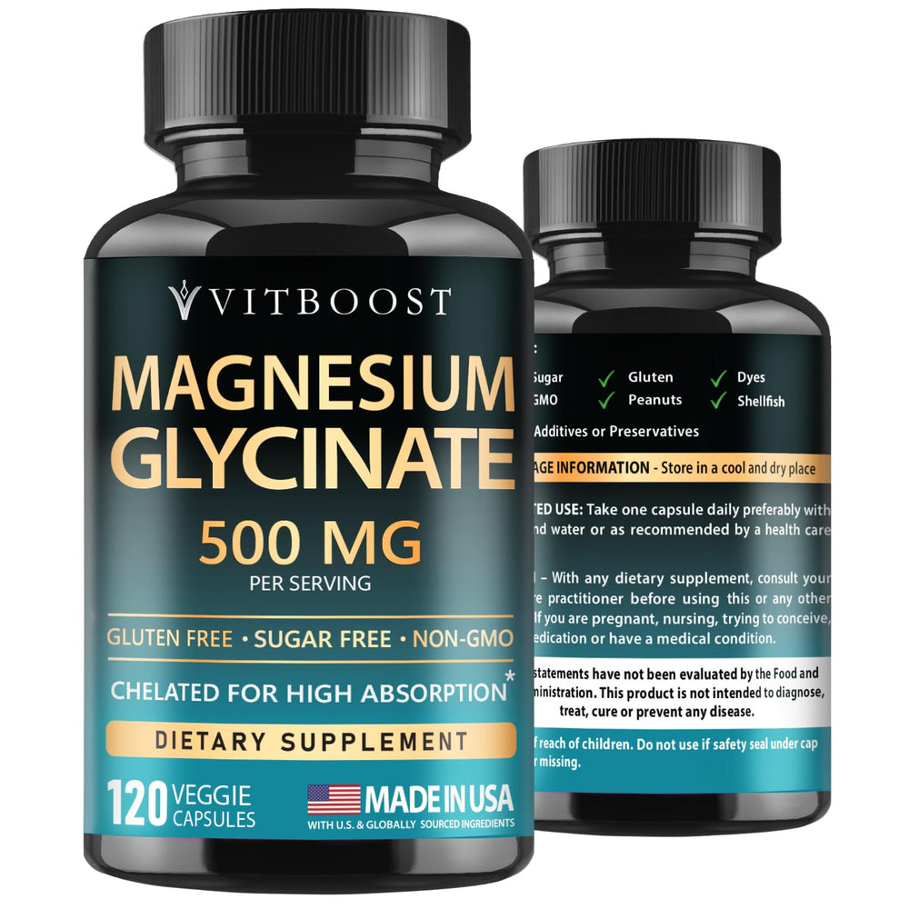 VITBOOST Magnesium Glycinate 500mg bottle with high absorption emphasis.