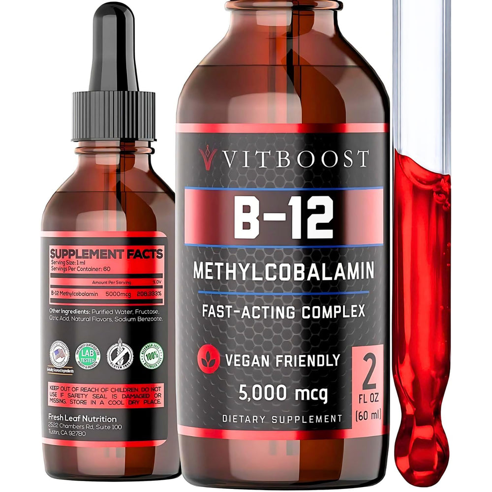VITBOOST Raspberry B-12 Drops bottle highlights energy-supporting supplement.