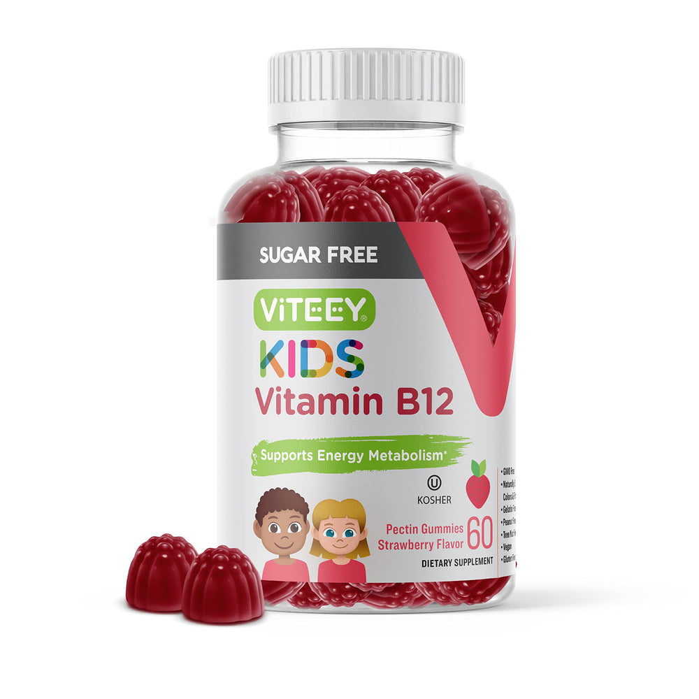 Viteey Kids B12 strawberry gummies pack front, a tasty energy-support for kids.
