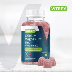 Viteey raspberry flavored gummies closeup highlighting tasty daily nutrition.
