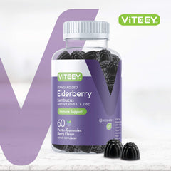 Viteey Sambucus Elderberry Gummies label closeup highlighting vitamin C and zinc.