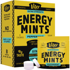 Viter Energy caffeine mints 80mg packaging front highlights potent boost and minty flavor