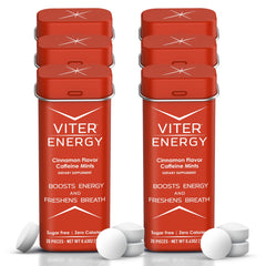 Viter Energy Caffeine Mints Cinnamon tin close-up showing portable energy boost and fresh breath.