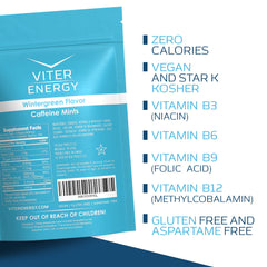 Viter Energy mints glass bottle display emphasizes vegan and sugar-free benefits.