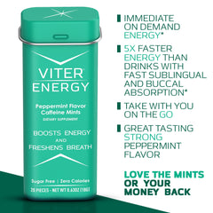 Viter Energy mints on the go for quick caffeine boost during travel or work.