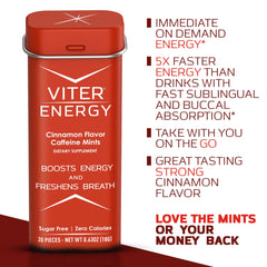 Viter Energy mints packaging close-up highlights sugar-free, vegan formula with B vitamins.
