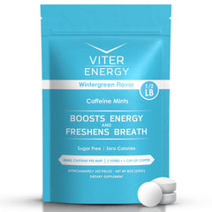 Viter Energy wintergreen mint bag closeup highlights bold flavor and zero calories.