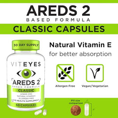 Viteyes Classic AREDS2 capsules close-up highlighting easy-to-swallow pills.
