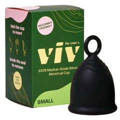 Viv for Your V small premium menstrual cup with ring stem for easier removal during daily activities.