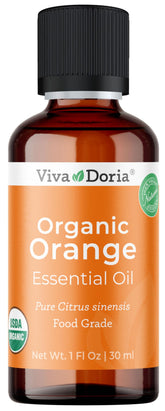 Viva Doria, botella ámbar de aceite esencial de naranja para aromaterapia.