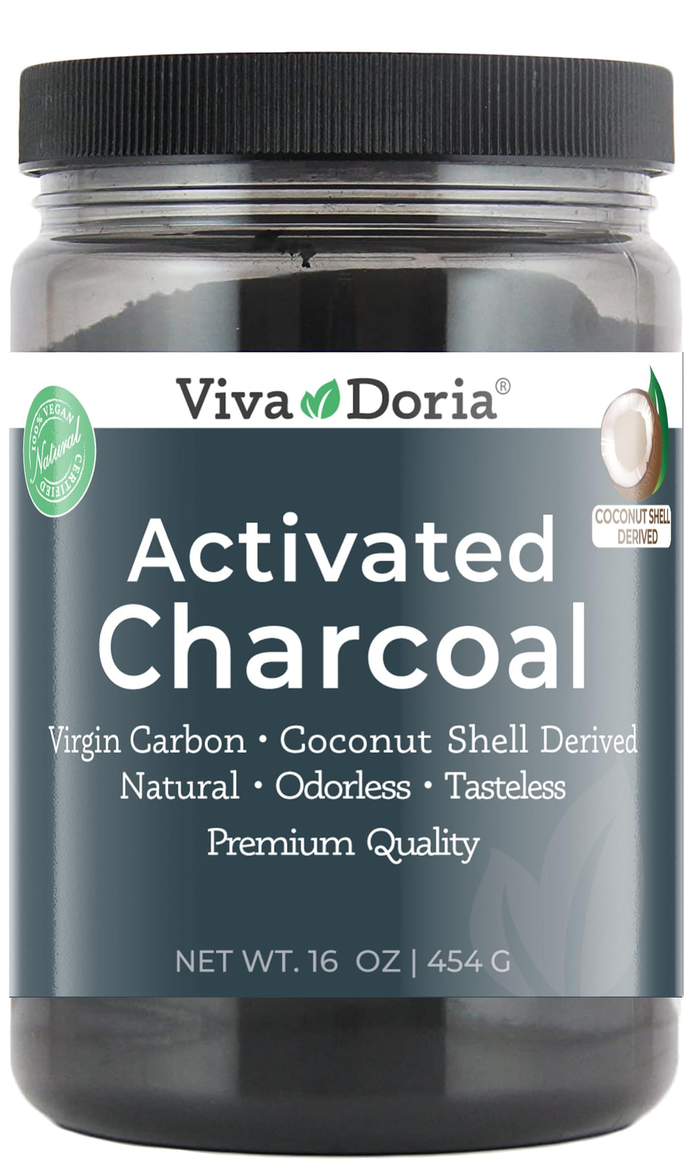 Viva Doria Virgin Activated Charcoal Powder close-up; porous texture ideal for skincare