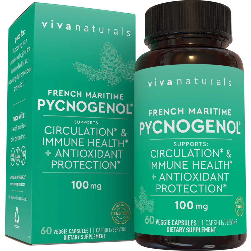 Viva Naturals Pycnogenol 100mg bottle supports daily circulation and antioxidant-like activity.