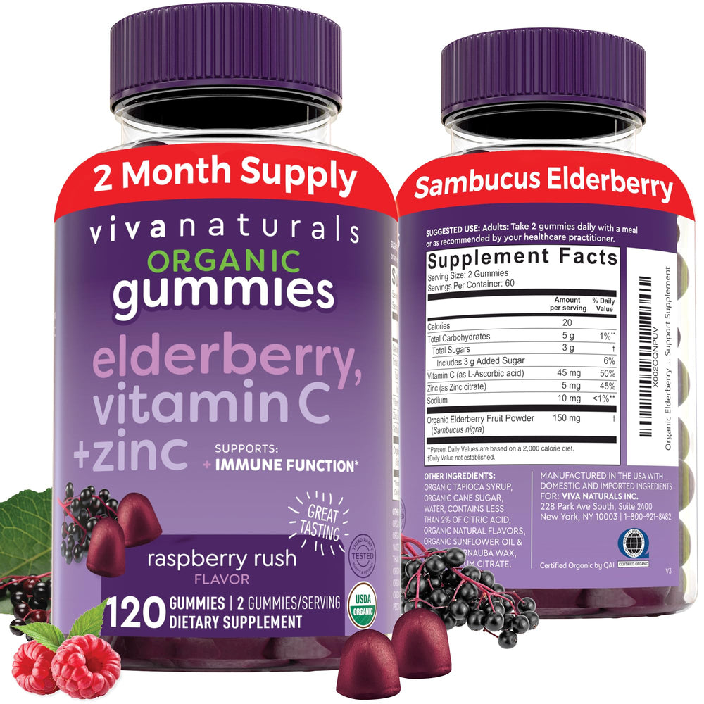 Viva Naturals Sambucus Elderberry Gummies bottle with raspberry flavor for immune support