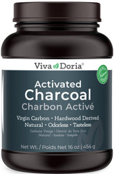 Viva Doria Virgin Activated Charcoal Powder jar close-up highlighting premium packaging.