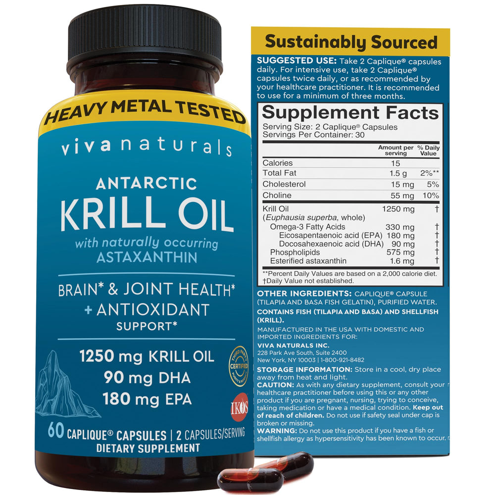 Viva Naturals Antarctic Krill Oil bottle front supports omega-3 intake.