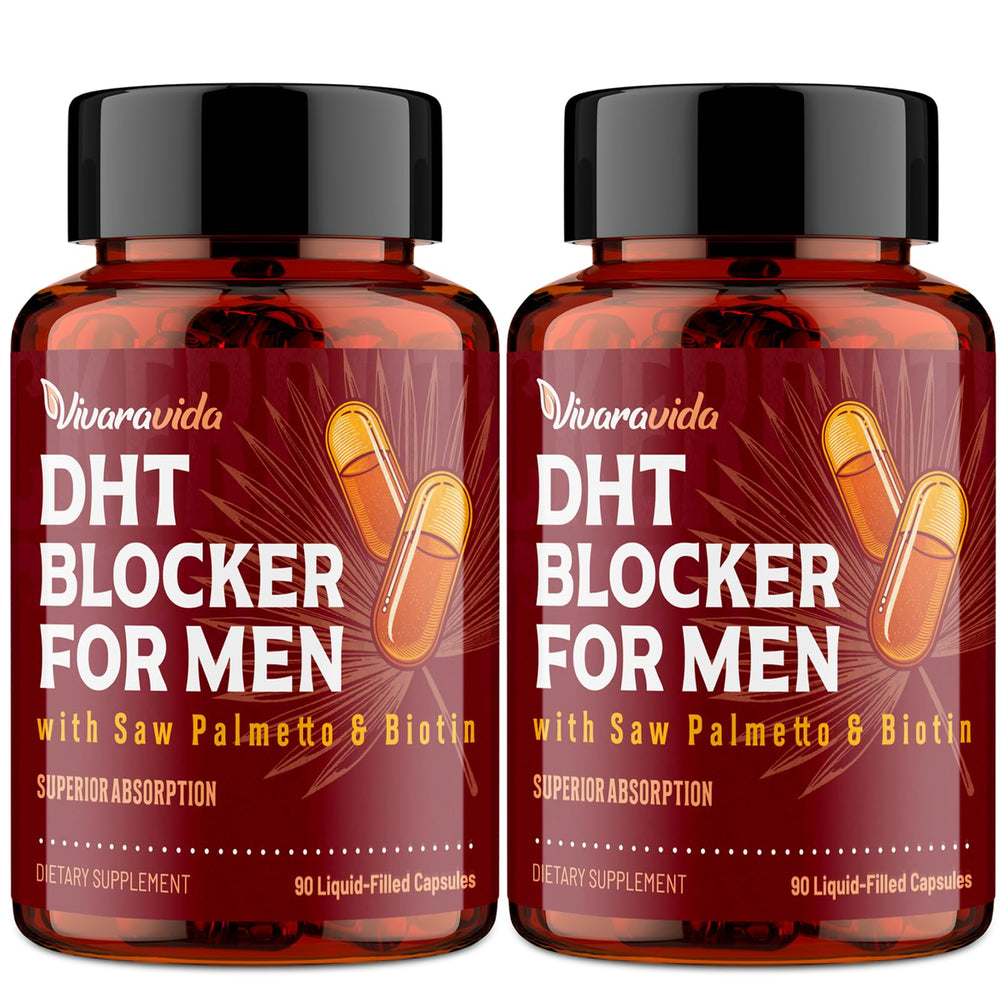 Vivaravida DHT Blocker bottle close-up showing liquid-filled capsules for absorption