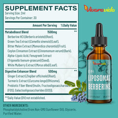 Vivaravida Liposomal Berberine Drops bottle highlights direct liquid delivery for faster absorption