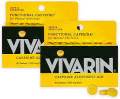 Vivarin bottle on a desk, quick caffeine boost for focus.
