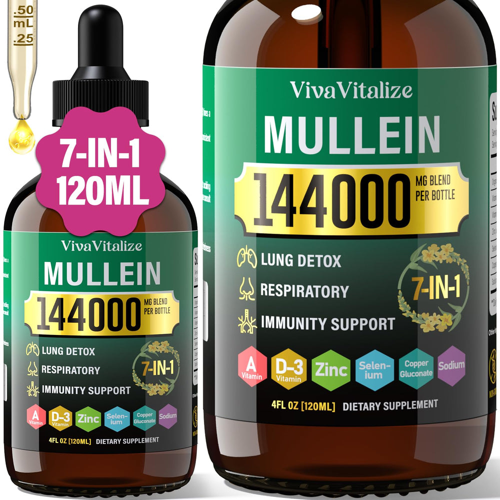 VivaVitalize Mullein Drops bottle close-up for lung support.