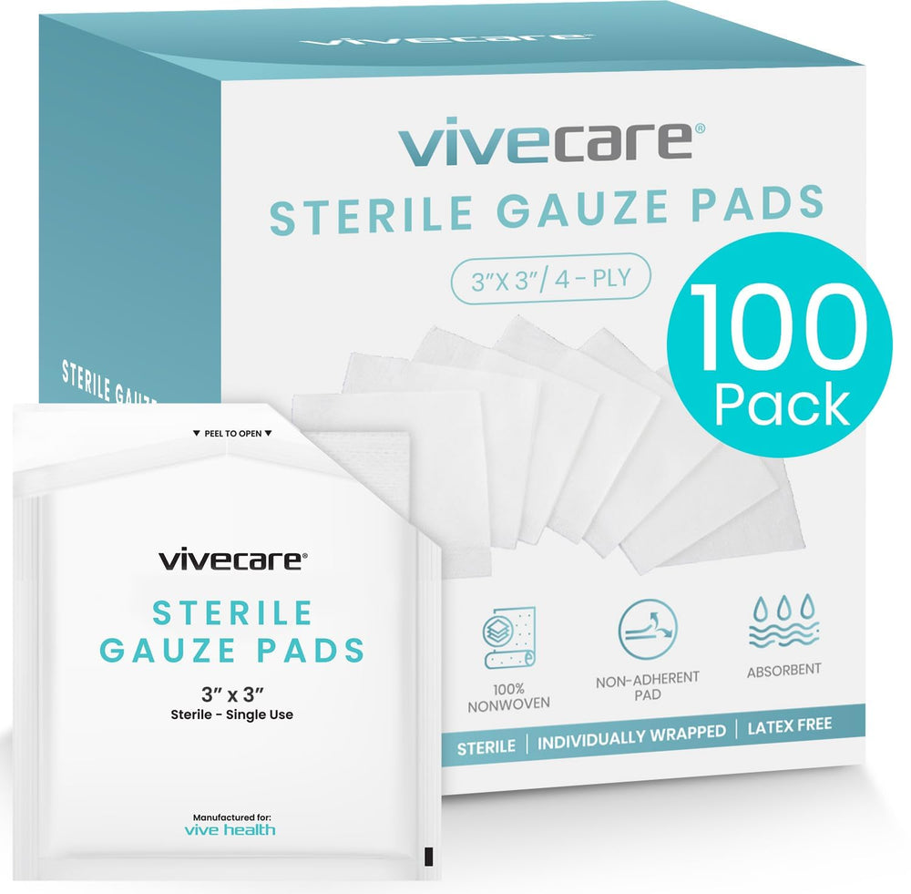 Vive Care 3x3 sterile gauze pads, packaged sterile for clean wound care.