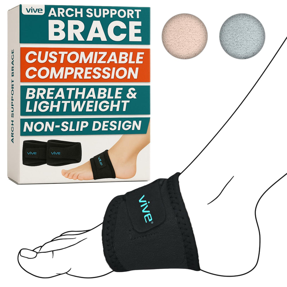 Vive Foot Arch Support Brace packaging clearly presents features for quick decisions.
