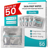 Vive Care Skin Prep Wipes 50-count pack cleans and protects skin before adhesives