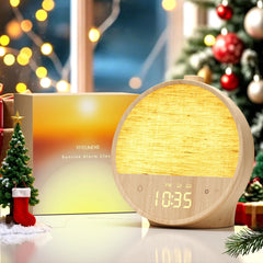 Vivilumens Wood Grain Sunrise Clock front view with warm dawn light for gentle wake