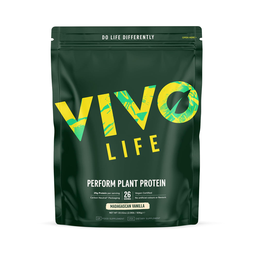 Vivo Life Perform vanilla tub front shows plant-based protein blend for daily fueling