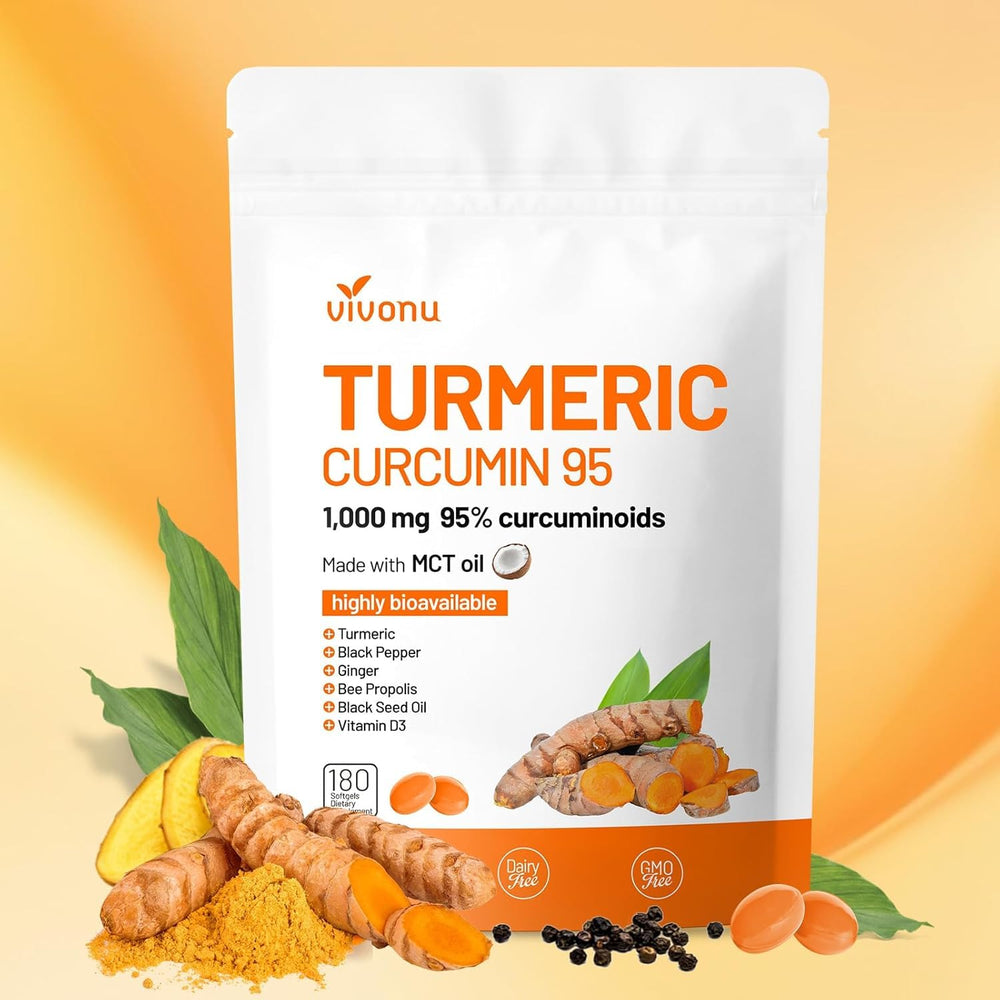 VivoNu 10-in-1 Turmeric Softgels bottle front highlights high-purity curcumin for daily wellness.