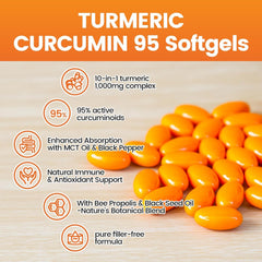 VivoNu 10-in-1 Turmeric Softgels capsules closeup emphasizing 95% curcuminoids.