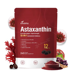 VivoNu Astaxanthin 12mg bottle highlighting high-potency antioxidants for daily eye, skin, and joint vitality.