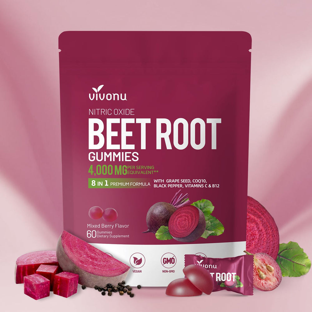 VivoNu Beet Root Gummies bottle showing on-the-go energy support.