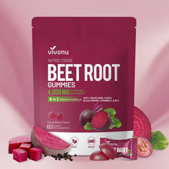 VivoNu Beet Root Gummies bottle showing on-the-go energy support.