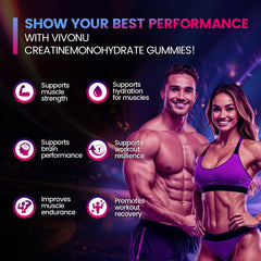 VivoNu Creatine Gummies bottle highlights portable energy for workouts
