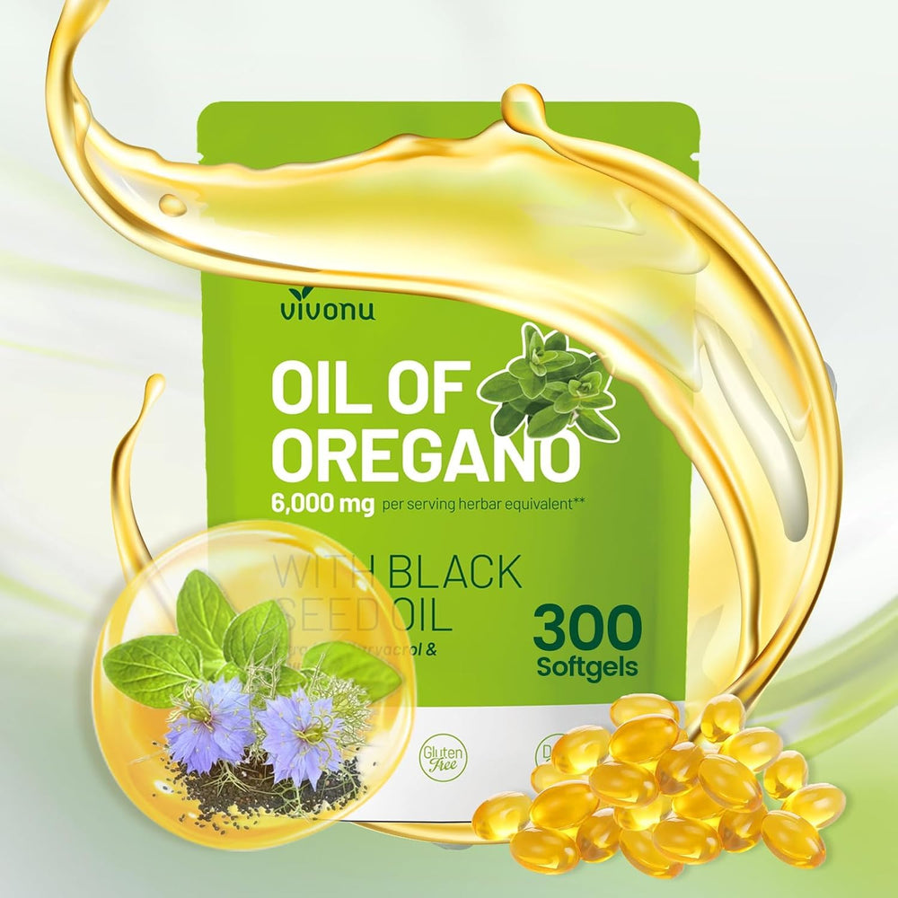 VivoNu Oil of Oregano with Black Seed Oil bottle supports digestive balance.