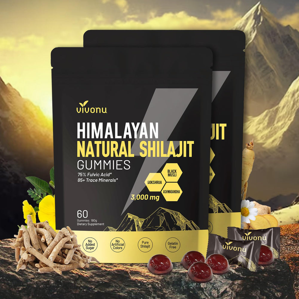 VivoNu Pure Himalayan Shilajit Gummies bottle showing a micronutrient blend for daily vitality