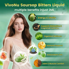 VivoNu soursop drops amber bottle shows high-bioavailability liquid for quick absorption.