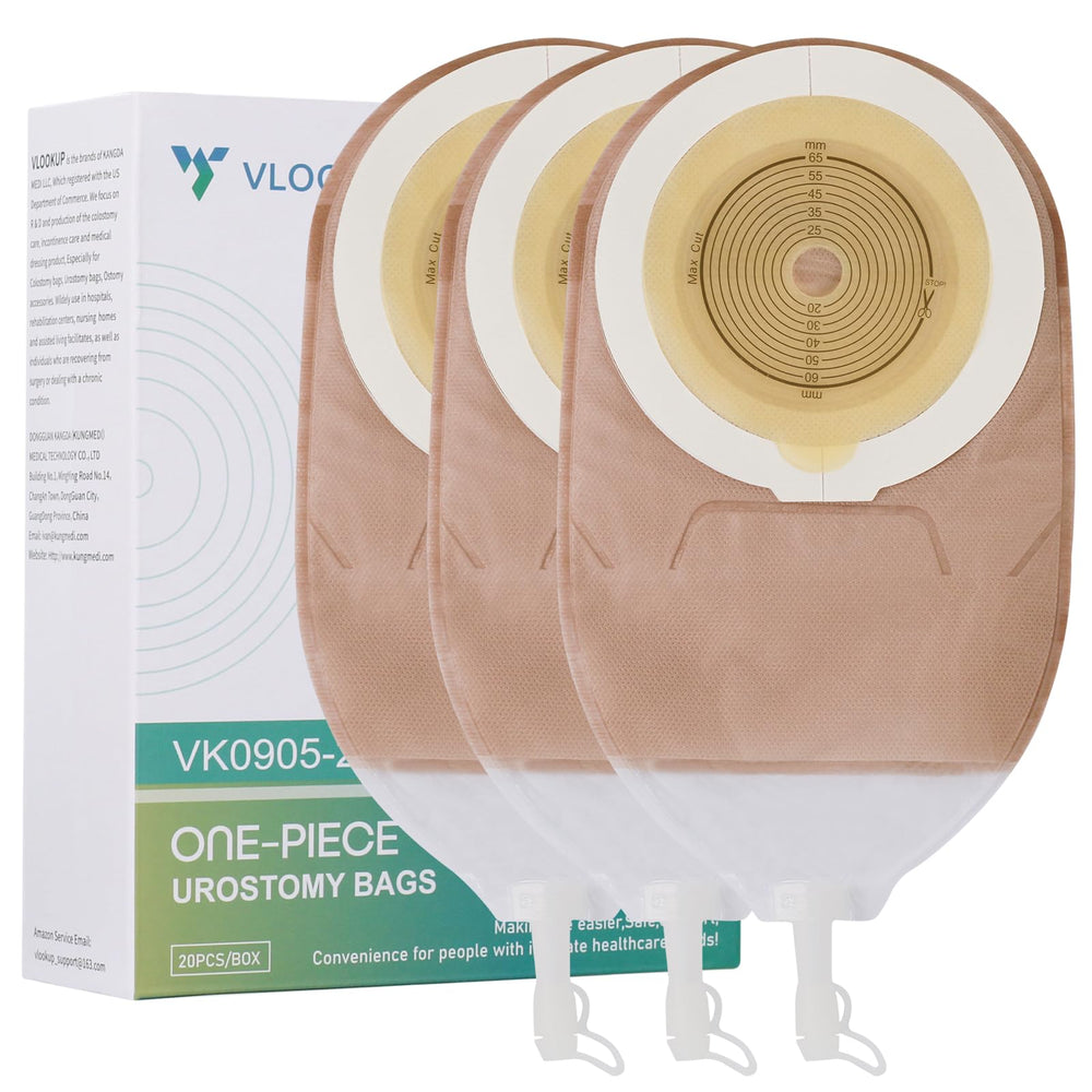Vlookup urostomy bag 20-pack packaging with measure card for sizing.