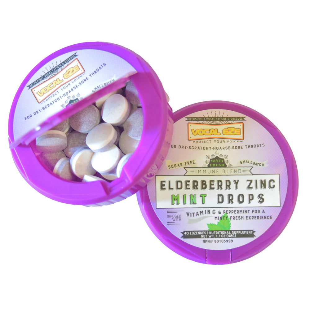 Vocal Eze elderberry mint lozenges bottle showing sugar-free mint formula for voice comfort